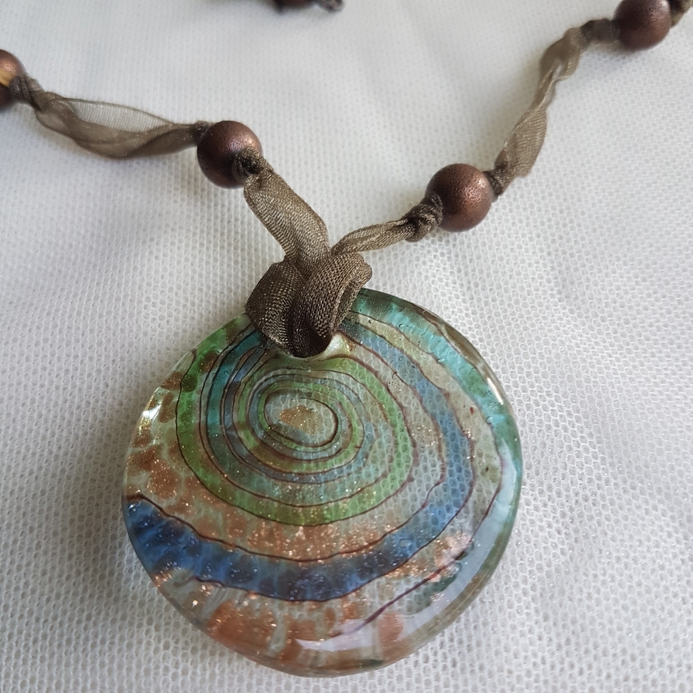 Murano Glass Pendant Choker Necklace in Neutral Colors on Organza Ribbon Cord - Picture 7 of 12